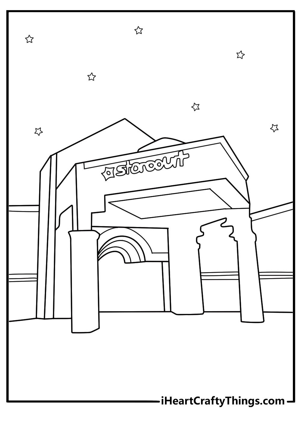 Starcourt Mall entrance with neon sign and palm decor retro coloring page printable pdf