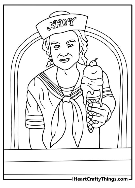 Steve Harrington in Scoops Ahoy uniform holding an ice cream scoop fun coloring sheet for kids