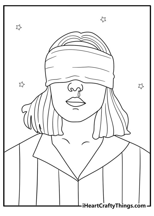 Stranger Things coloring page Eleven with blindfold using telekinesis floating pebbles printable pdf