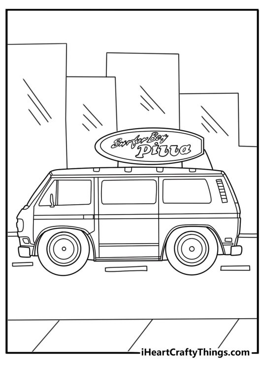 Surfer Boy Pizza van parked with a pizza box on the roof easy coloring page printable