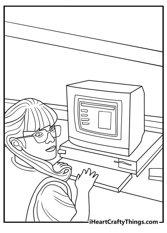 Suzie at a computer typing code with science books stacked nearby cute nerdy coloring page printable