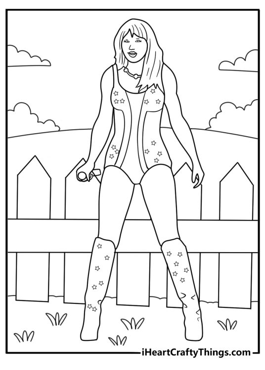 Taylo Swift in cowgirl boots on a wooden fence country themed coloring page