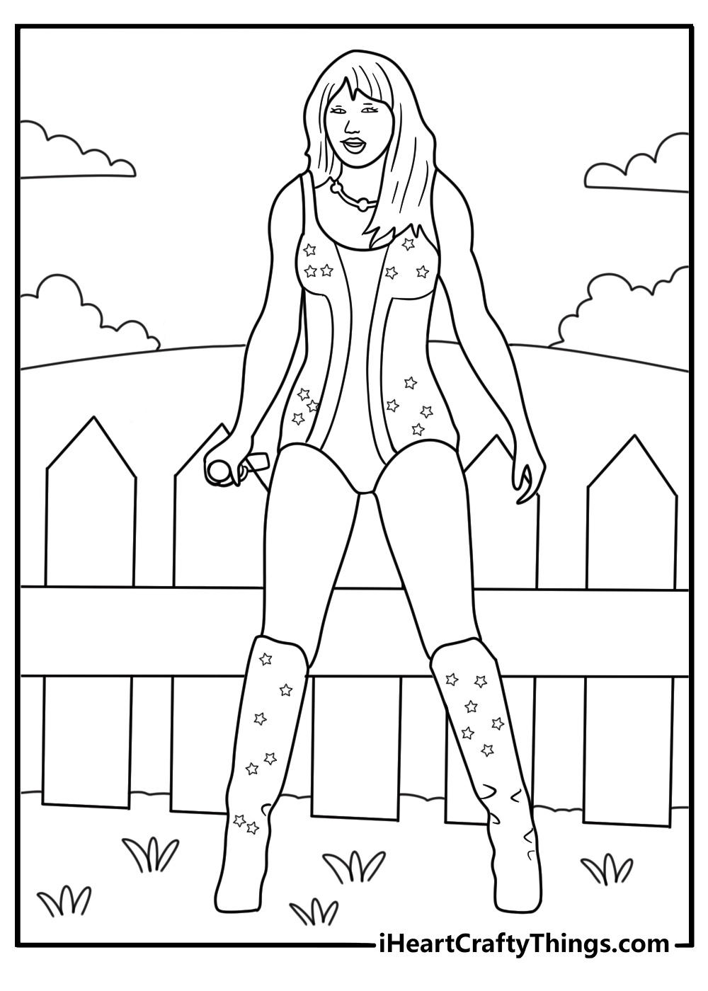 Taylo Swift in cowgirl boots on a wooden fence country themed coloring page
