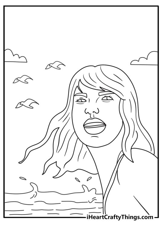 Taylor Swift at a seaside pier with wind in hair scenic coloring sheet