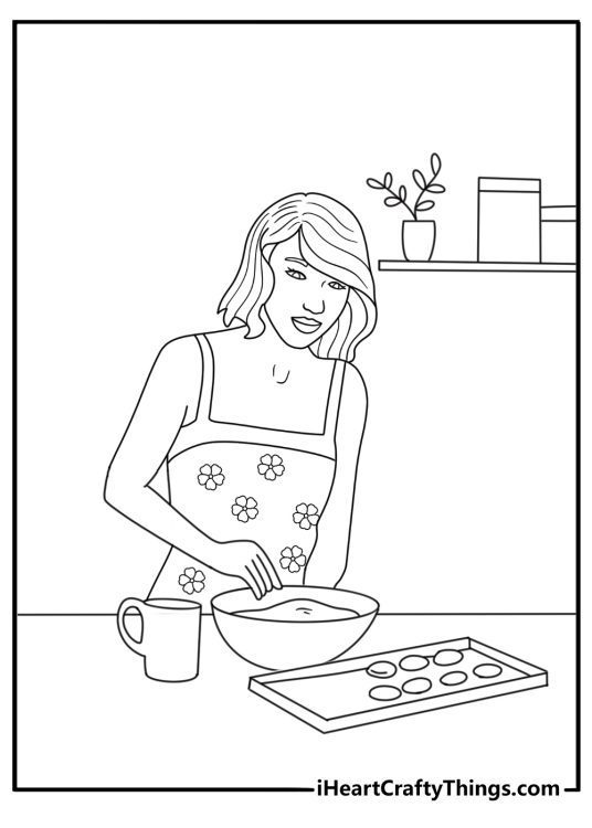 Taylor Swift baking cookies in a home kitchen cozy coloring printable
