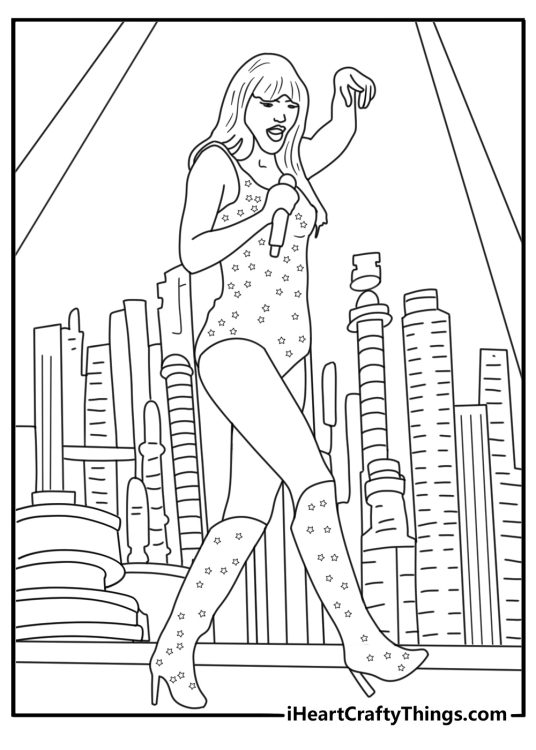 Taylor Swift coloring page with eras icons hat boots skyline detailed for adults