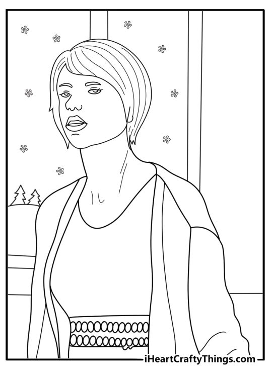 Taylor Swift in a cardigan near a window with snow outside winter coloring printable
