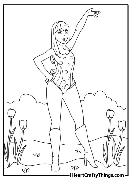 Taylor Swift in a polka dot dress near wildflowers garden coloring sheet