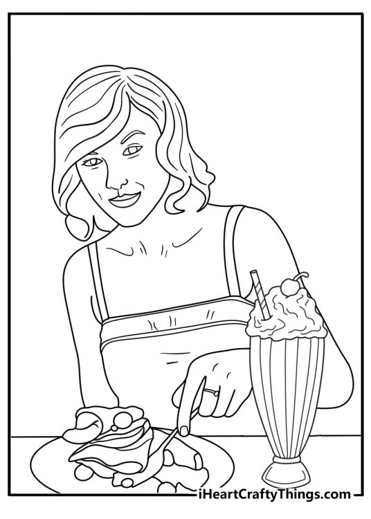 Taylor Swift in a retro diner booth with a milkshake vintage coloring page