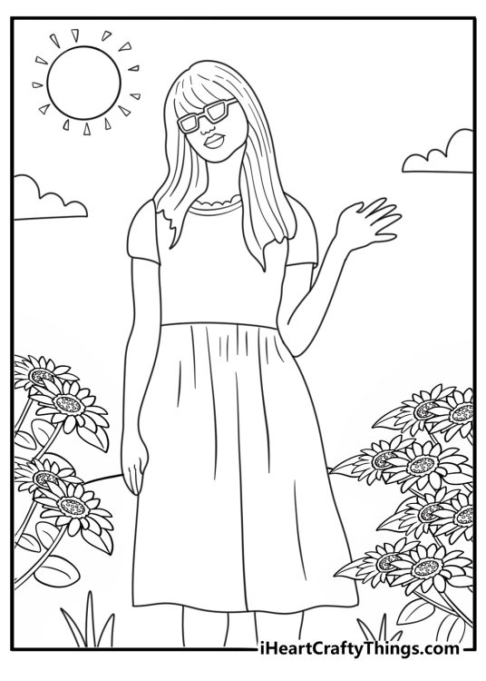 Taylor Swift in a sunflower field with a wide brim hat simple coloring printable