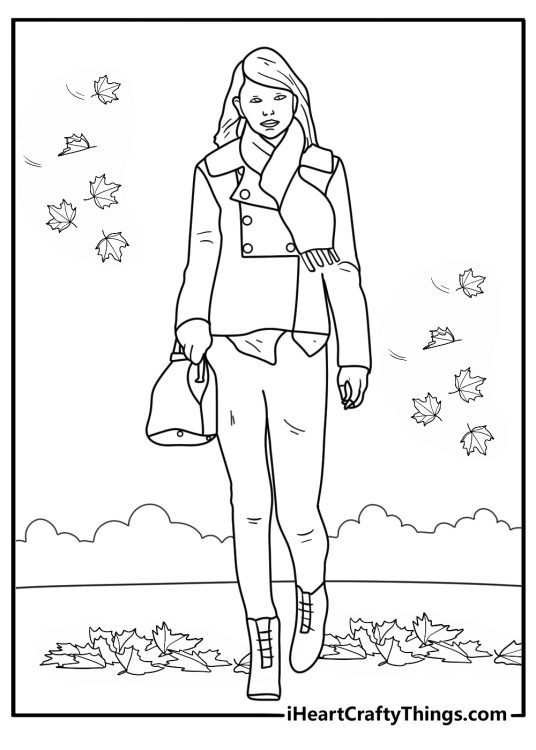 Taylor Swift in red scarf walking in fall leaves simple coloring page for kids