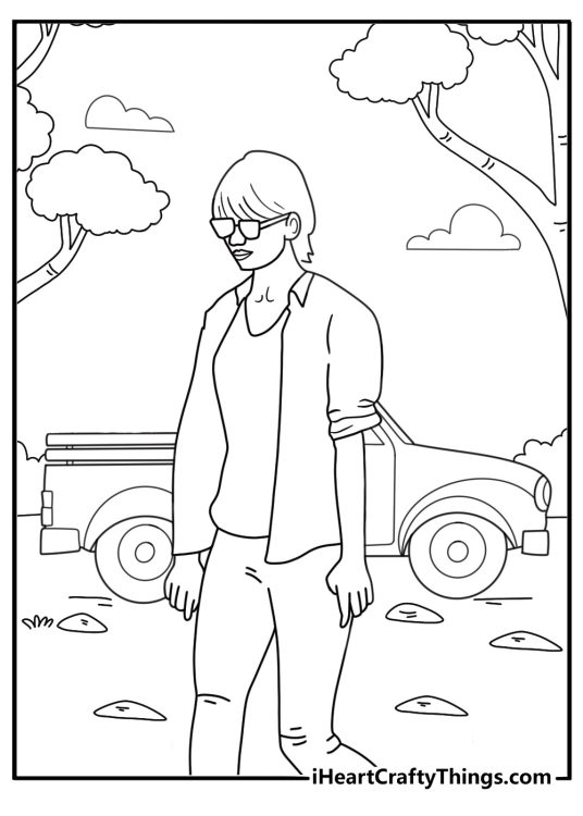 Taylor Swift in sunglasses and plaid shirt by a pickup truck rustic coloring printable