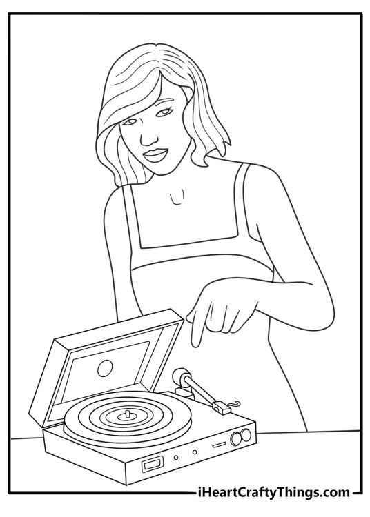 Taylor Swift next to a record player with a viny disc retro coloring page