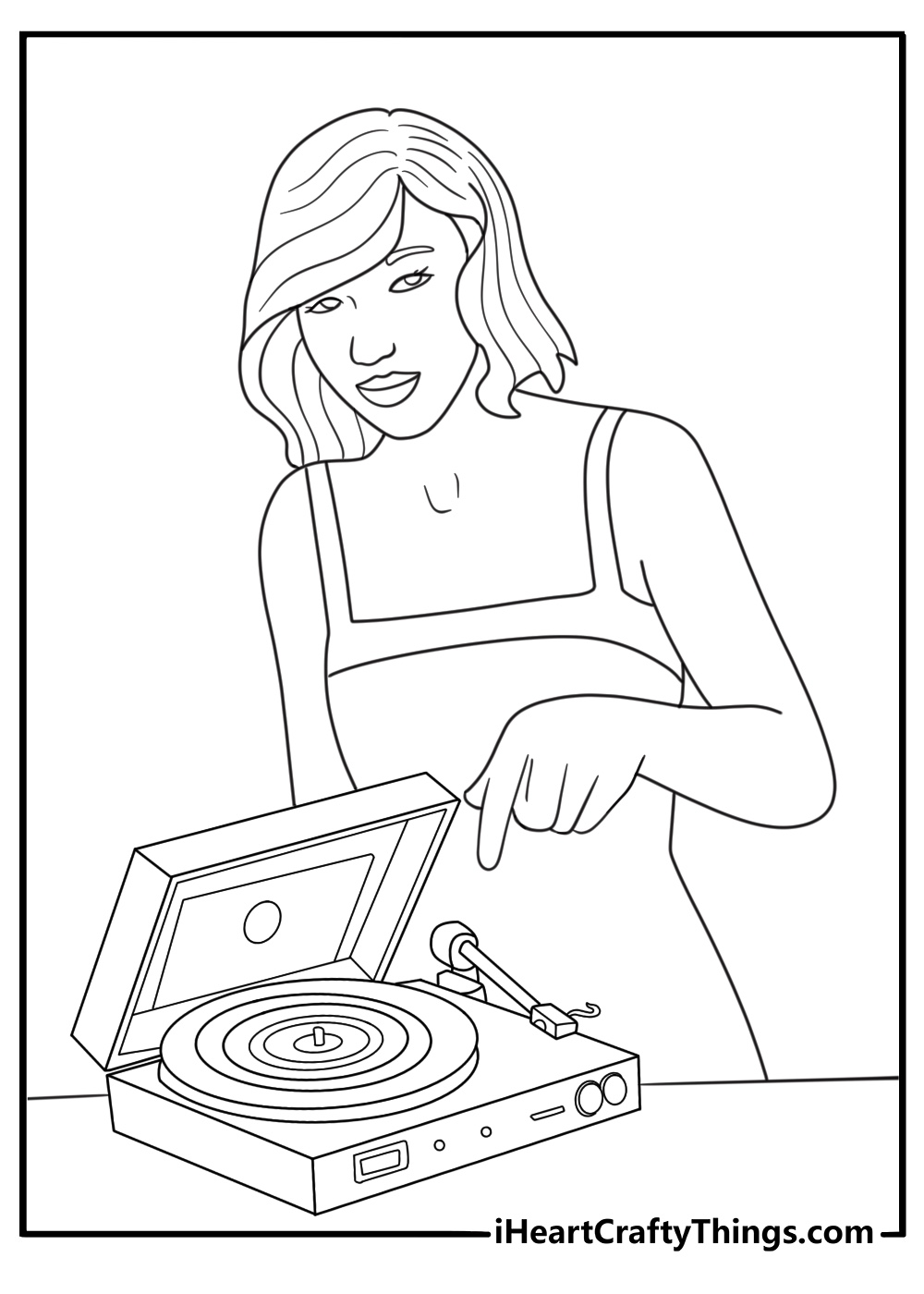 Taylor Swift next to a record player with a viny disc retro coloring page