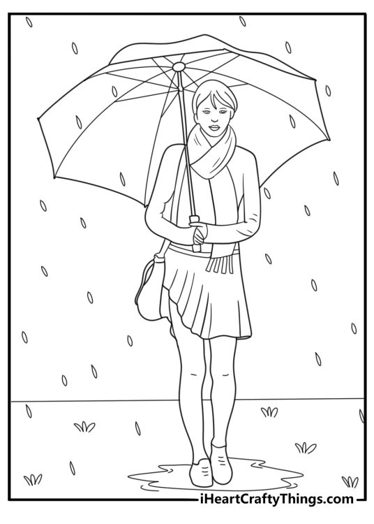 Taylor Swift on a city street with umbrella and rain puddles easy coloring page