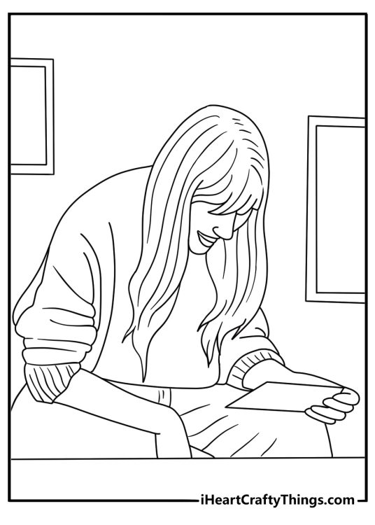 Taylor Swift reading fan letters at a small table wholesome coloring page for kids