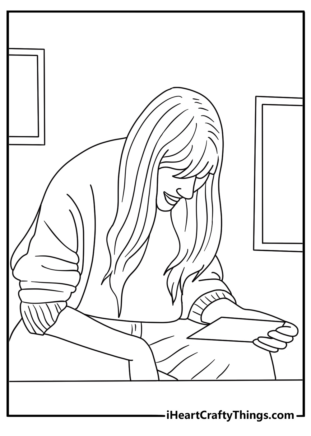 Taylor Swift reading fan letters at a small table wholesome coloring page for kids