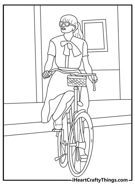 Taylor Swift riding a bicycle with a basket through a park easy coloring page