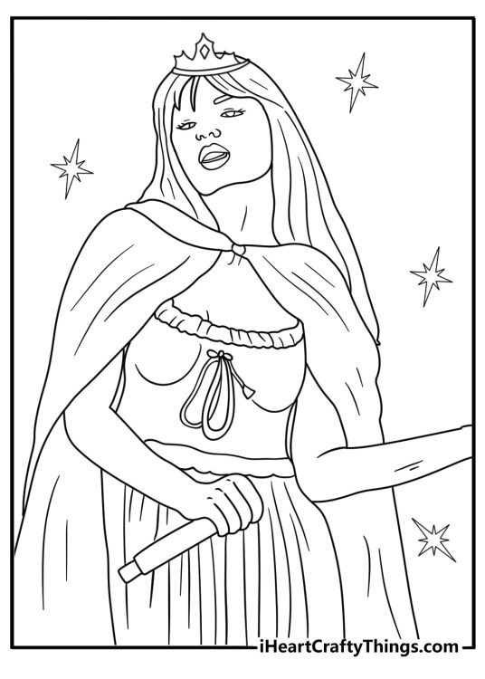 Taylor Swift wearing a crown and long cape fairytale coloring sheet for kids