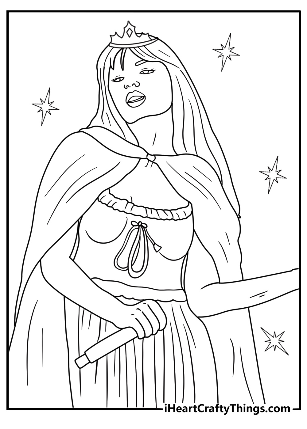 Taylor Swift wearing a crown and long cape fairytale coloring sheet for kids