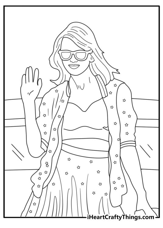 Taylor Swift wearing a fedora and sparkly jacket by a vintage car fashion coloring page