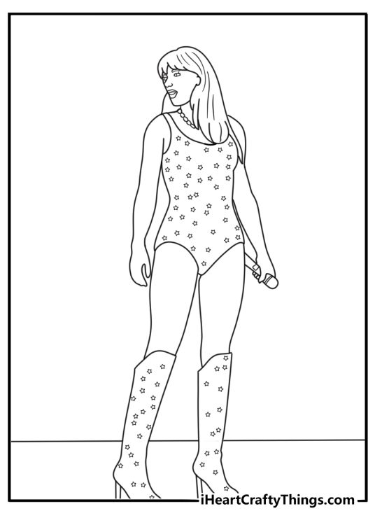 Taylor Swift wearing glitter boots on a star walkway fashion coloring sheet for adults