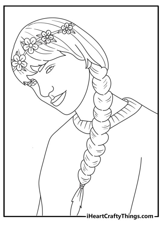 Taylor Swift with a long braid and floral headband boho coloring sheet