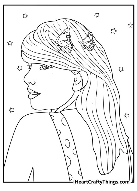 Taylor Swift with butterfly clips in hair and stars backdrop dreamy coloring page