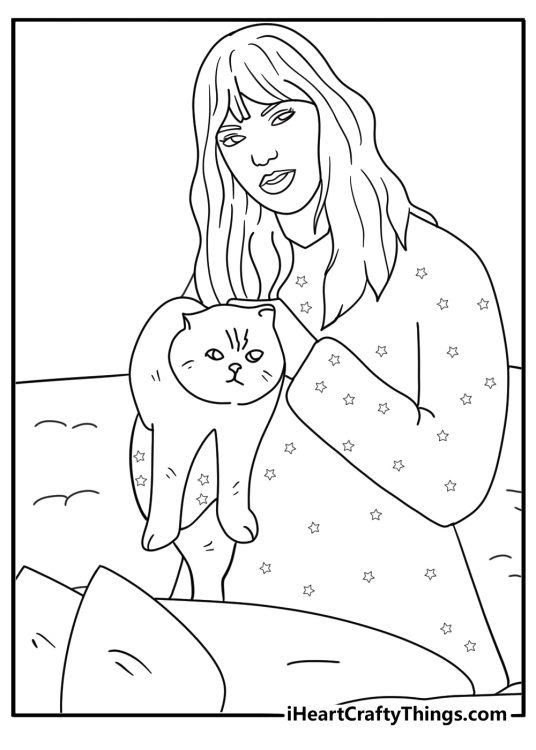 Taylor Swift with her cat on a cozy sofa cute kawail coloring printable