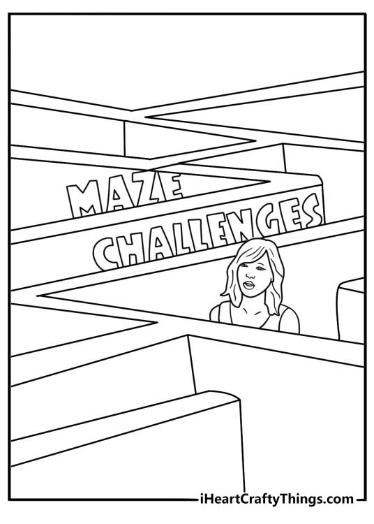 Taylor Swift with maze background and hidden cats seek and find coloring page