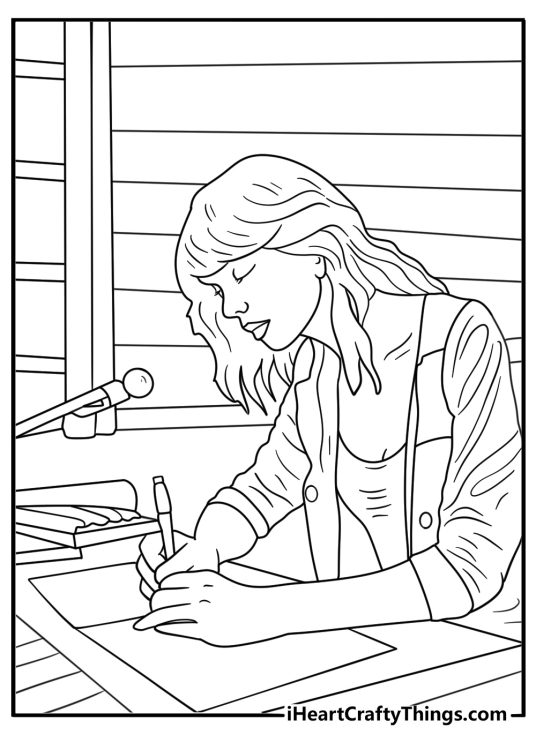 Taylor Swift writing lyrics in a notebook at a desk detailed coloring sheet for adults