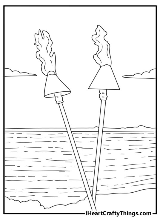 Tiki torch flame at dusk Hawaii coloring printable for adults