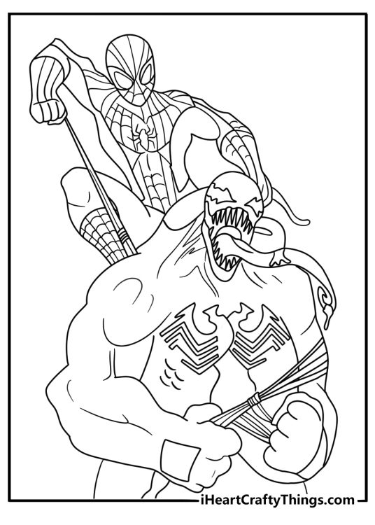Venom coloring page for kids with Venom beside Spider Man webbing