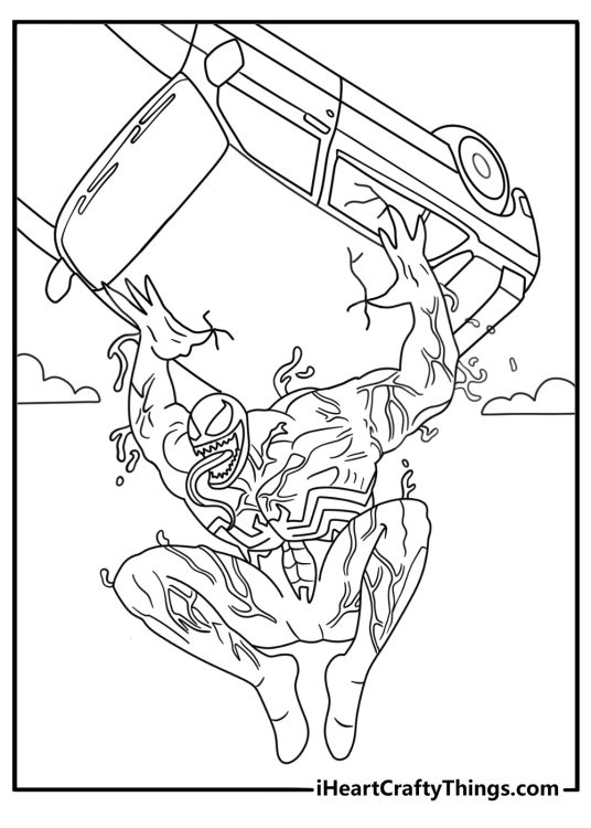Venom coloring page with Venom lifting a car on a dark road