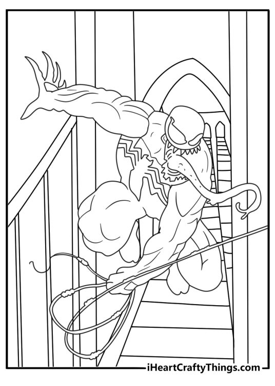 Venom coloring pages scene with Venom climbing across a bridge