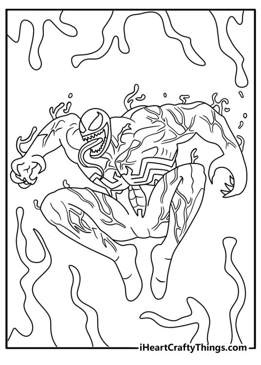 Venom coloring sheet for adults with symbiote patterns around Venom
