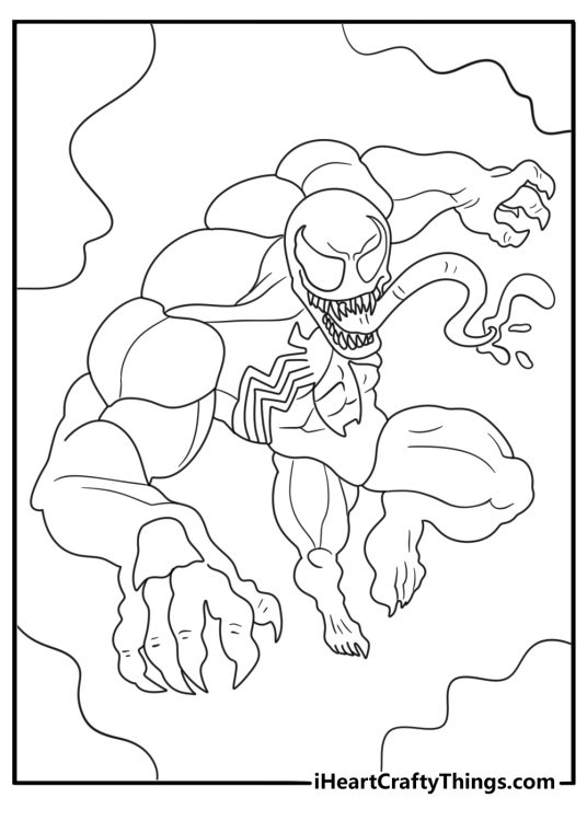 Venom coloring sheet with Venom stretching black symbiote tendrils