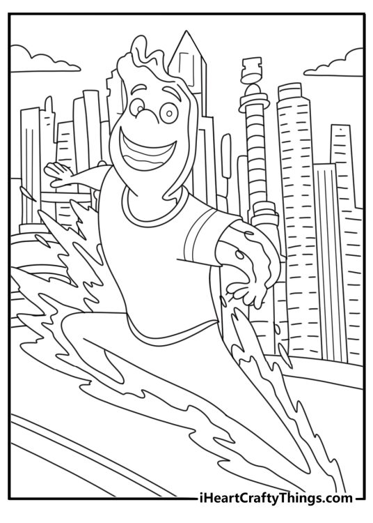 Wade surfing a small wave in the city fountain easy coloring page to download