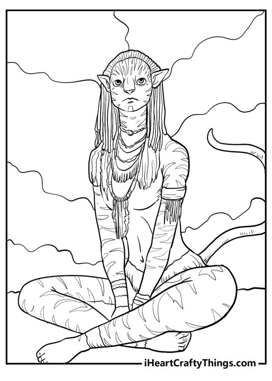Avatar-themed printable featuring Na’vi villager sitting down for a rest with segmented background behind her