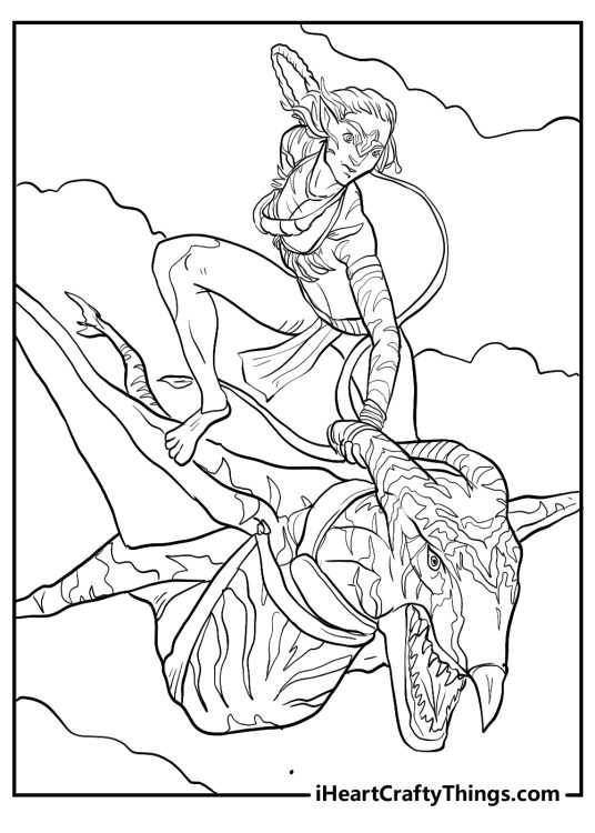 Avatar-themed printable pdf of a warrior performing a cool pose while riding a banshee