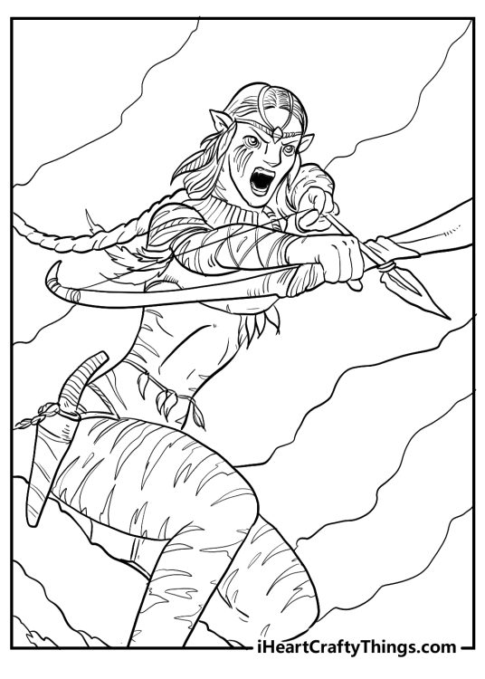 Detailed Avatar-themed drawing featuring ferocious and terrifying Na’vi warrior aiming her bow