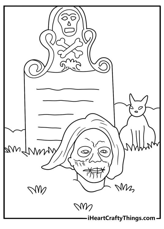 billy grave with stitched mouth symbol and shovel leaning on stone detailed coloring page