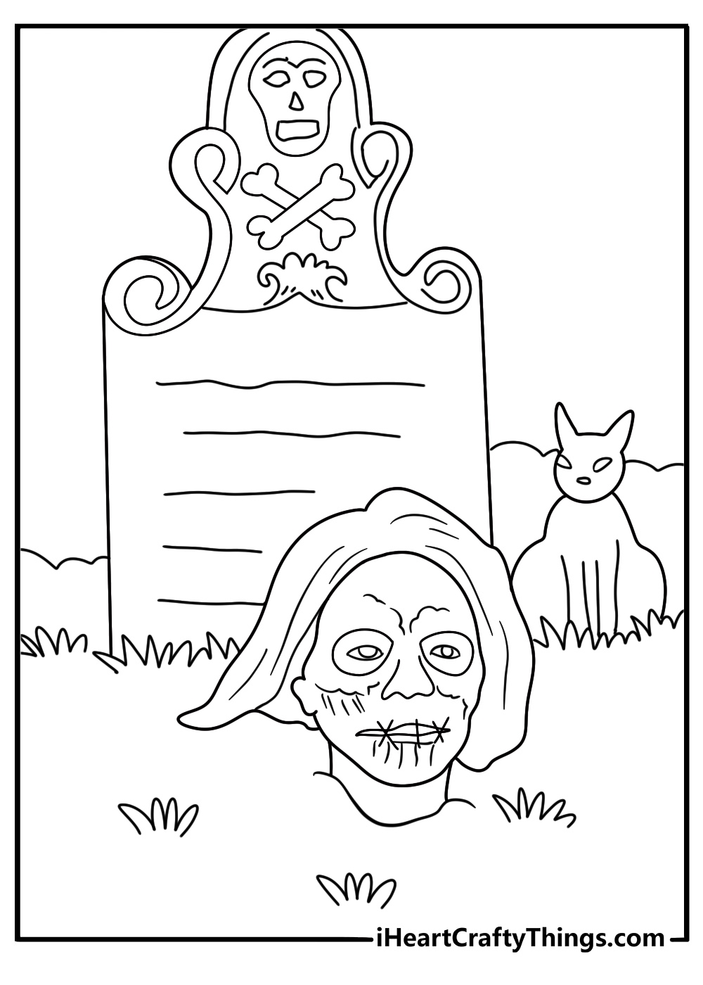 billy grave with stitched mouth symbol and shovel leaning on stone detailed coloring page
