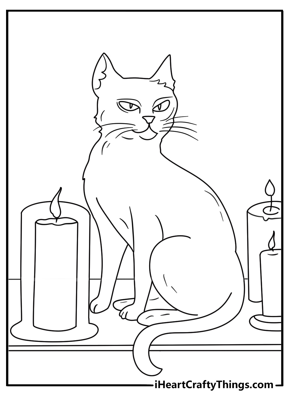 binx the black cat sits beside a glowing candle in this cute coloring page