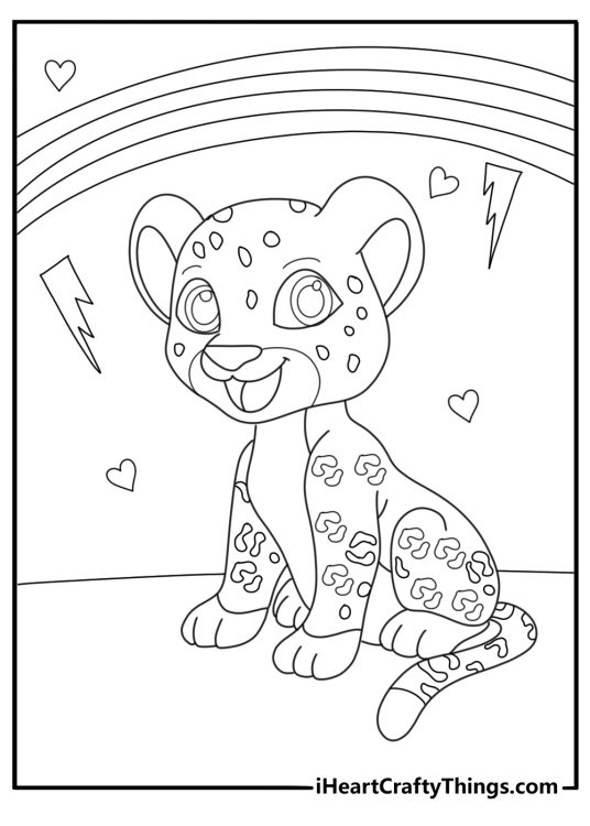 cute rainbow cheetah coloring page for kids with heart shapes and lightning bolts background