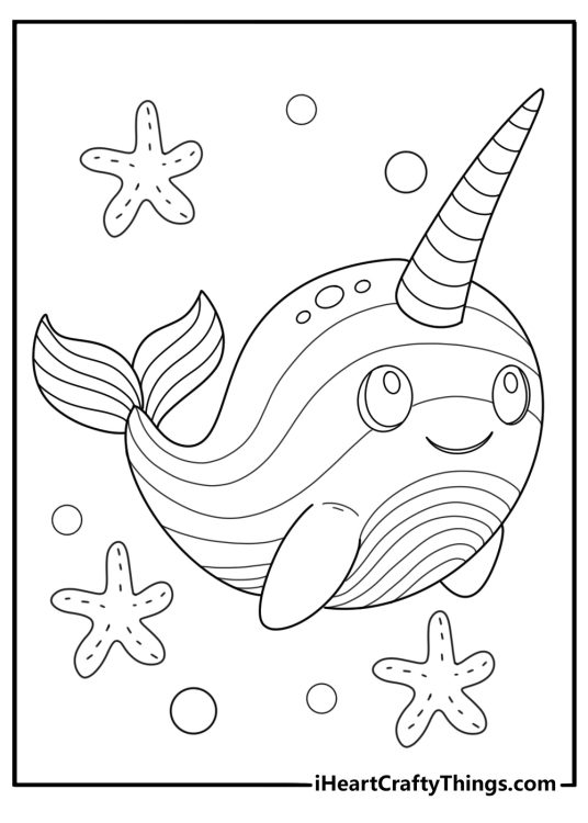 cute rainbow narwhal coloring page printable for kids swimming with bubbles and starfish