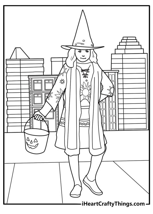 dani in witch costume with trick or treat bag on street simple coloring page for kids