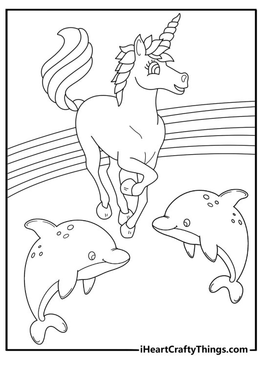 detailed lisa frank fantasy mashup coloring poster for adults unicorn and dolphin with neon rainbows