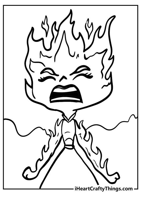Elemental coloring printable featuring a close-up portrayal of Ember looking very angry and intense