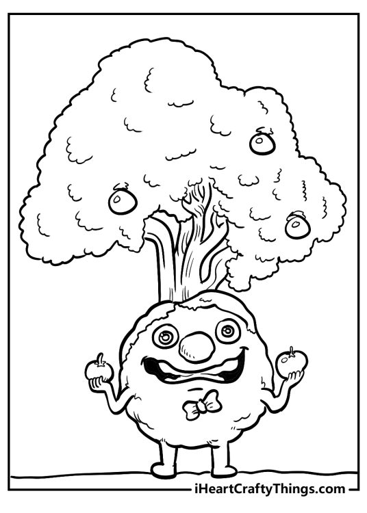 Elemental coloring printable for kids featuring unique apple tree-themed character